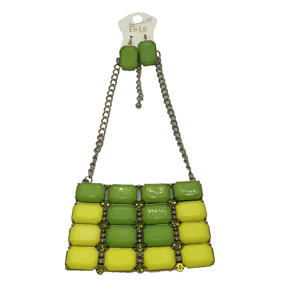 18” Costume ISIS Yellow Green Squares Necklace Matching Earrings Set